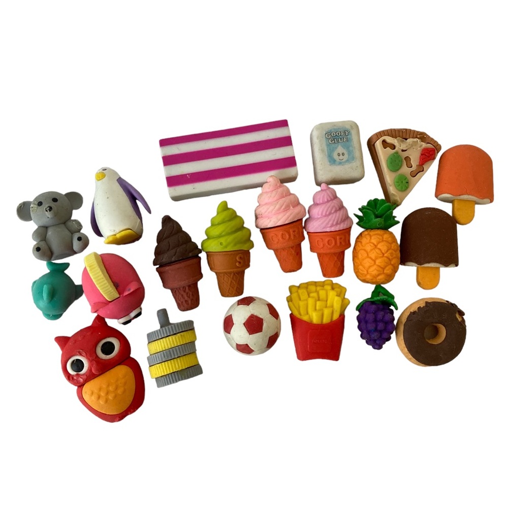 Lot of 20 - Kids Small Fun Novelty Play Toys Erasers Food Animals Misc.